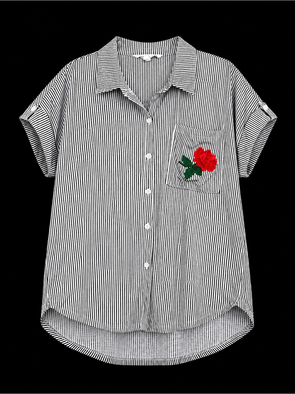 Striped Button-Down Shirt with Red Rose Patch